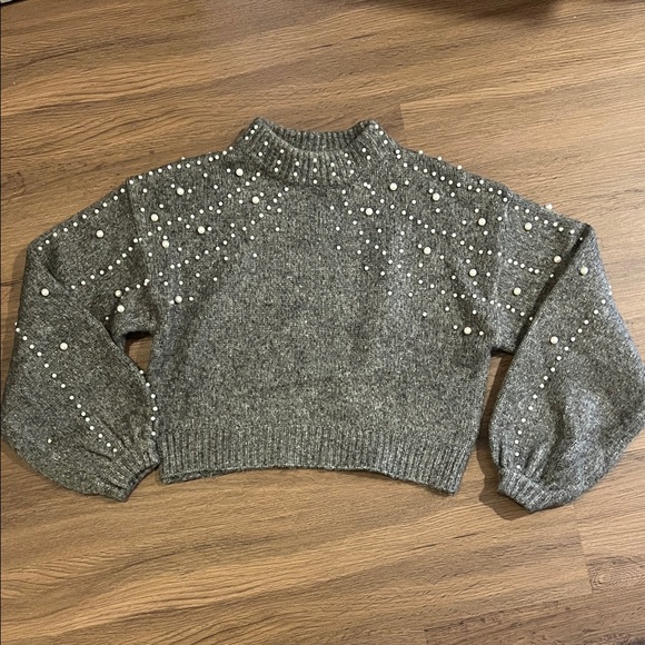Zara Sweaters - Zara Gray Pearl-Embellished Turtleneck Sweater